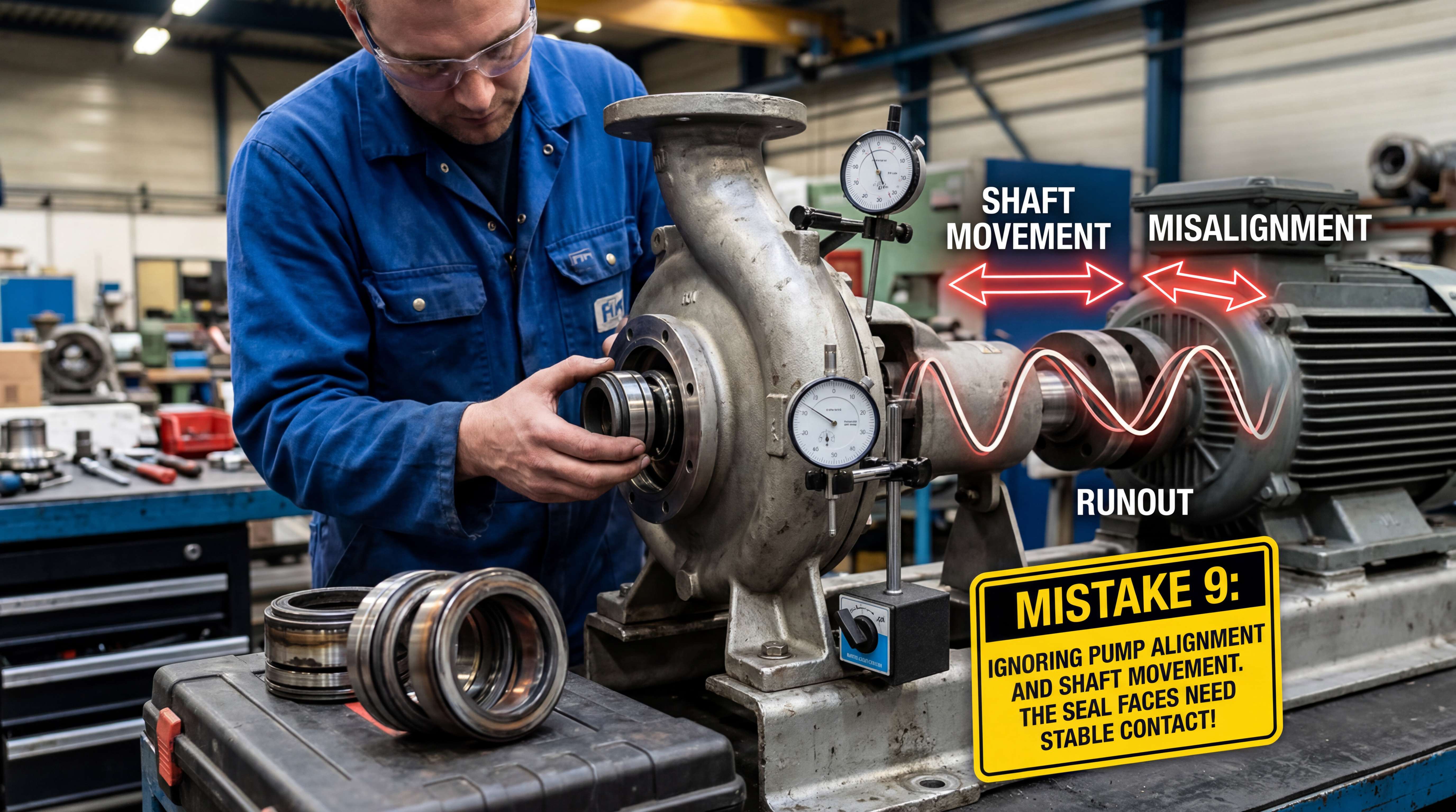 Pump alignment and shaft movement inspection showing misalignment runout and unstable seal face contact during mechanical seal installation